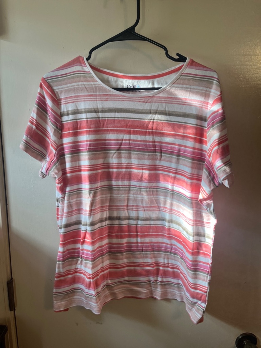 Croft & Barrow ‘The Classic Tee’ XL Striped Tee in Coral, Brown & White 🩷✨